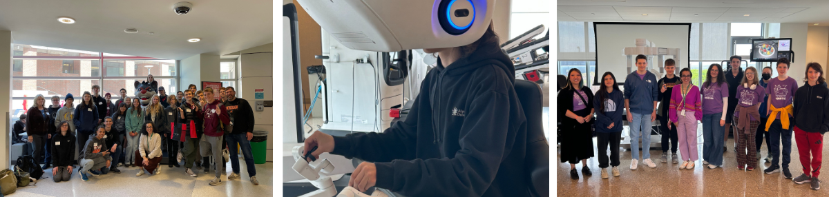 side-by-side photo collage - students pose at UC during IT Expo; middle: student operates machinery; right: THS robotics pose together at Christ Hospital